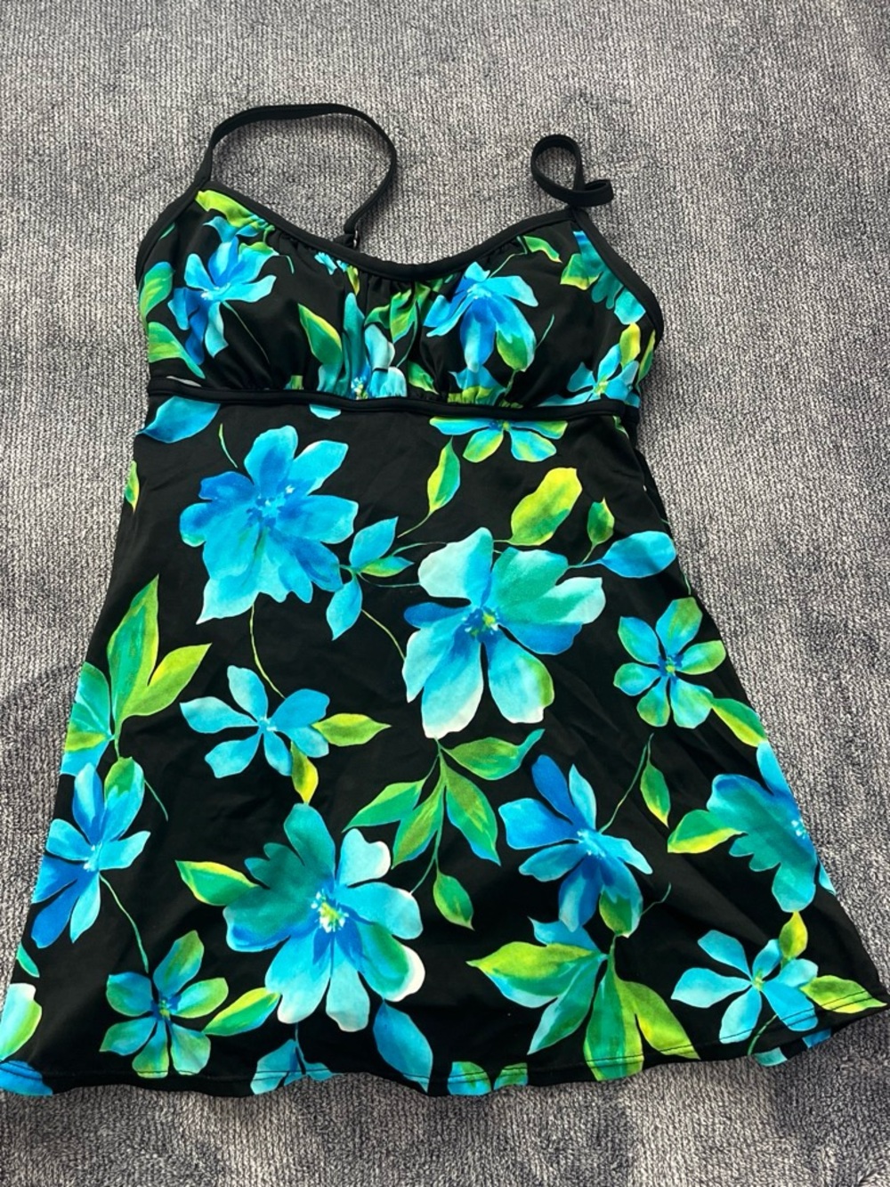 Black Floral One-Piece Swimdress with Blue & Green Blooms